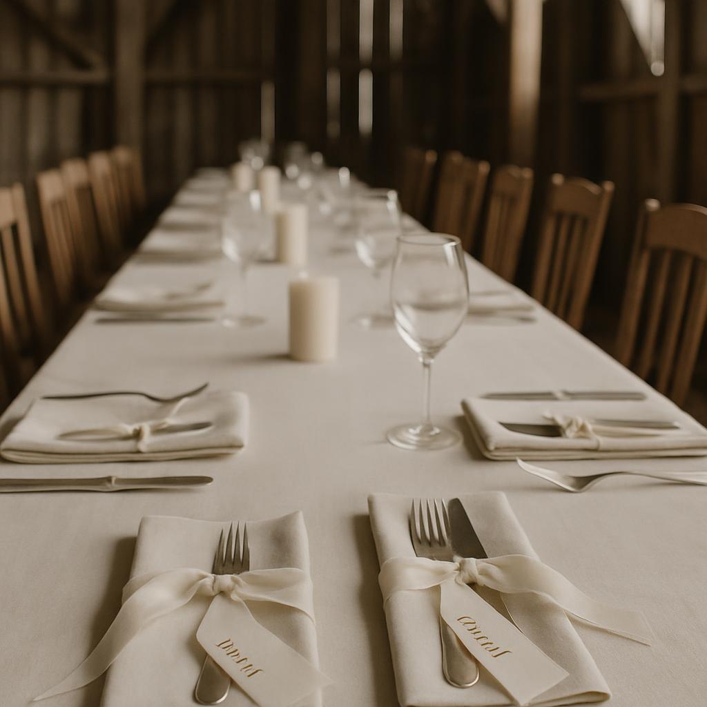 A formal dining table with forks and napkins, set with white tablecloths, candles, and wine glasses in a rustic barn-like ...